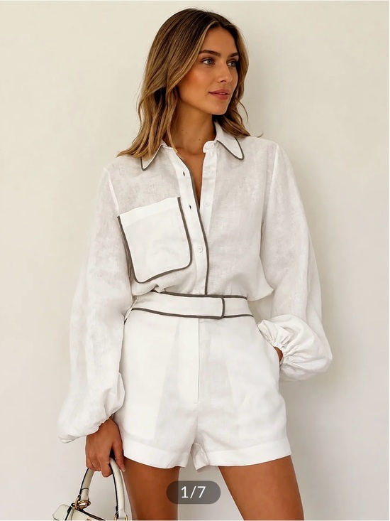 Commense Tops - Commense Cotton & Linen Contrast Trim Two Piece Shorts Set